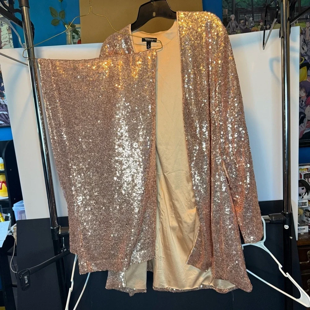 Torrid size 4 (26) Rose Gold Blazer and size 3 Tall (22-24) Pant Sequins Outfit - Picture 10 of 14